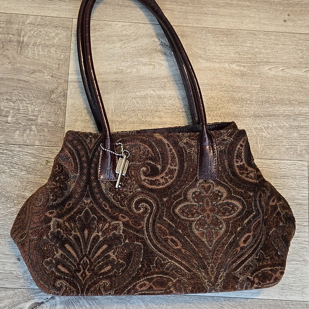 Fossil Chocolate Brown Patterned Velvet Tote Handbag
